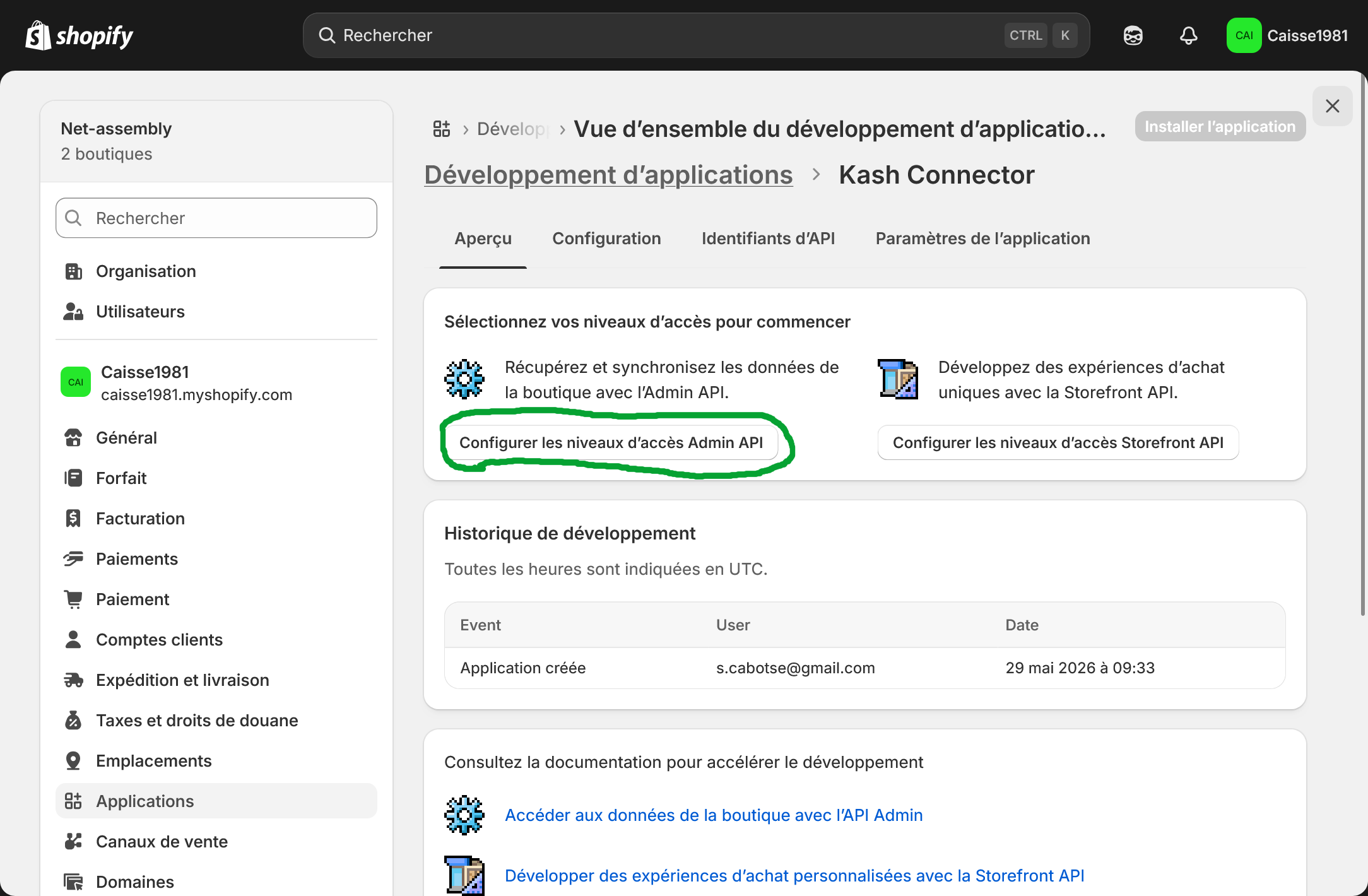 Créer une application Shopify